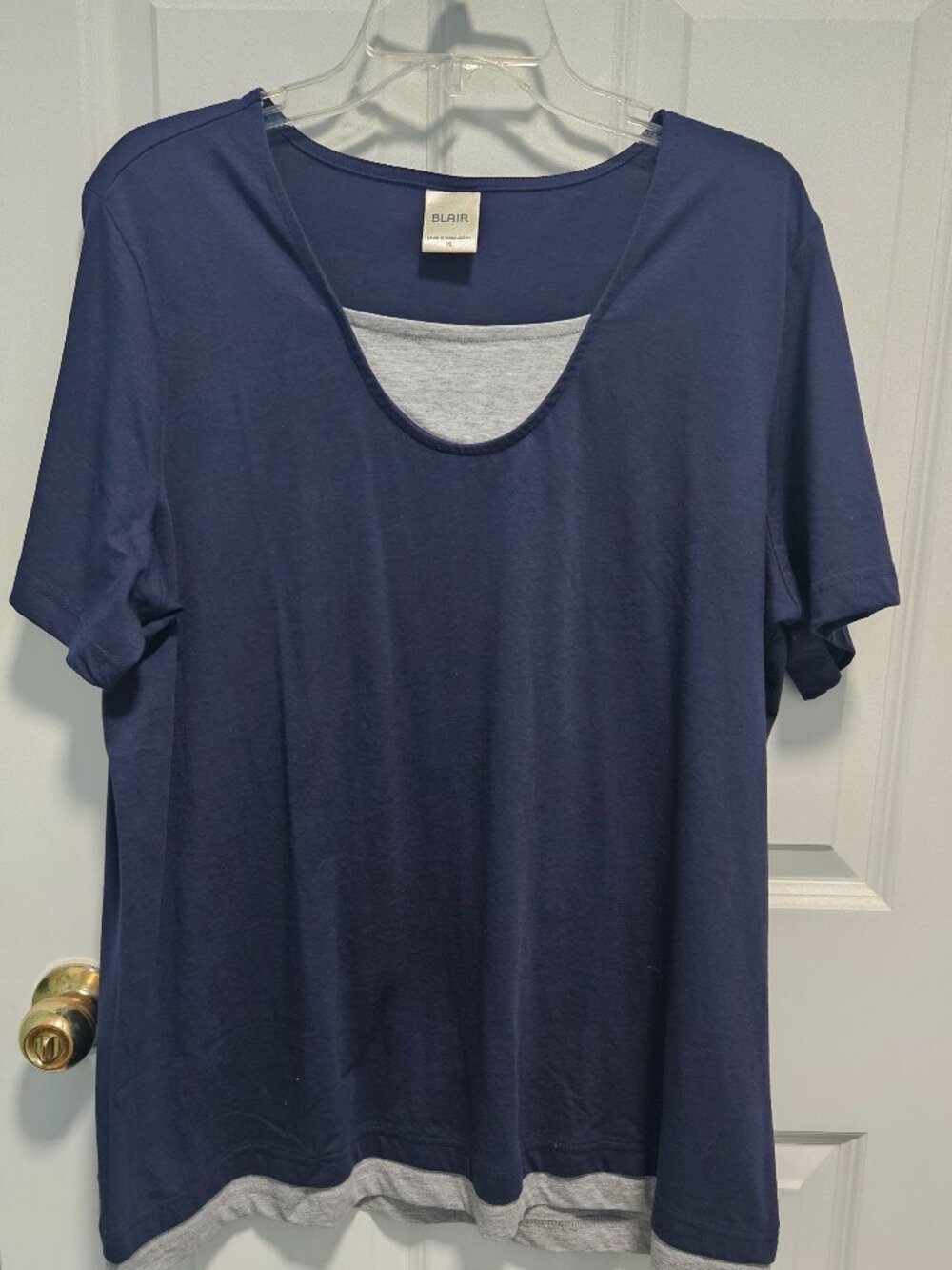 Blair Women's XL Layered Look Top Navy Blue Gray Short Sleeve
